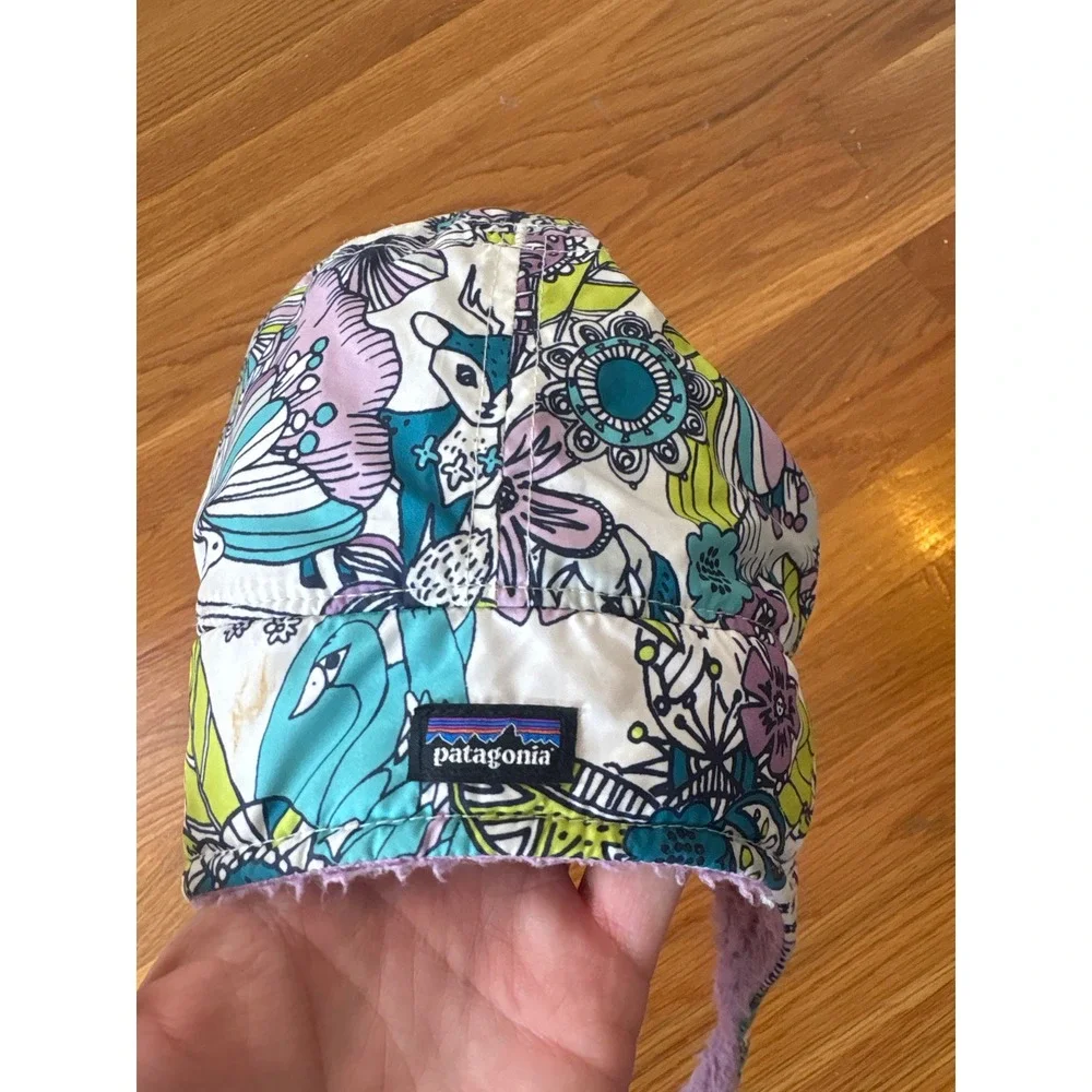 Patagonia Baby Trapper Hat 24M Floral Animal Print Purple Fleece Lined Earflap
